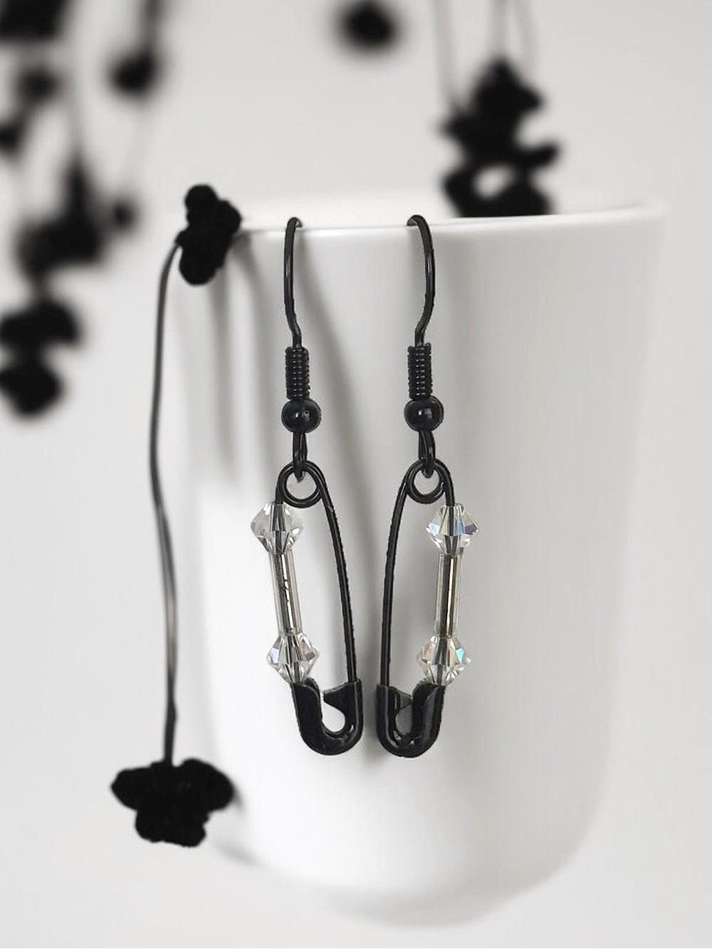 5 For $25💫Small Punk Black Safety Pin Earrings With Clear Crystal Accent Beads